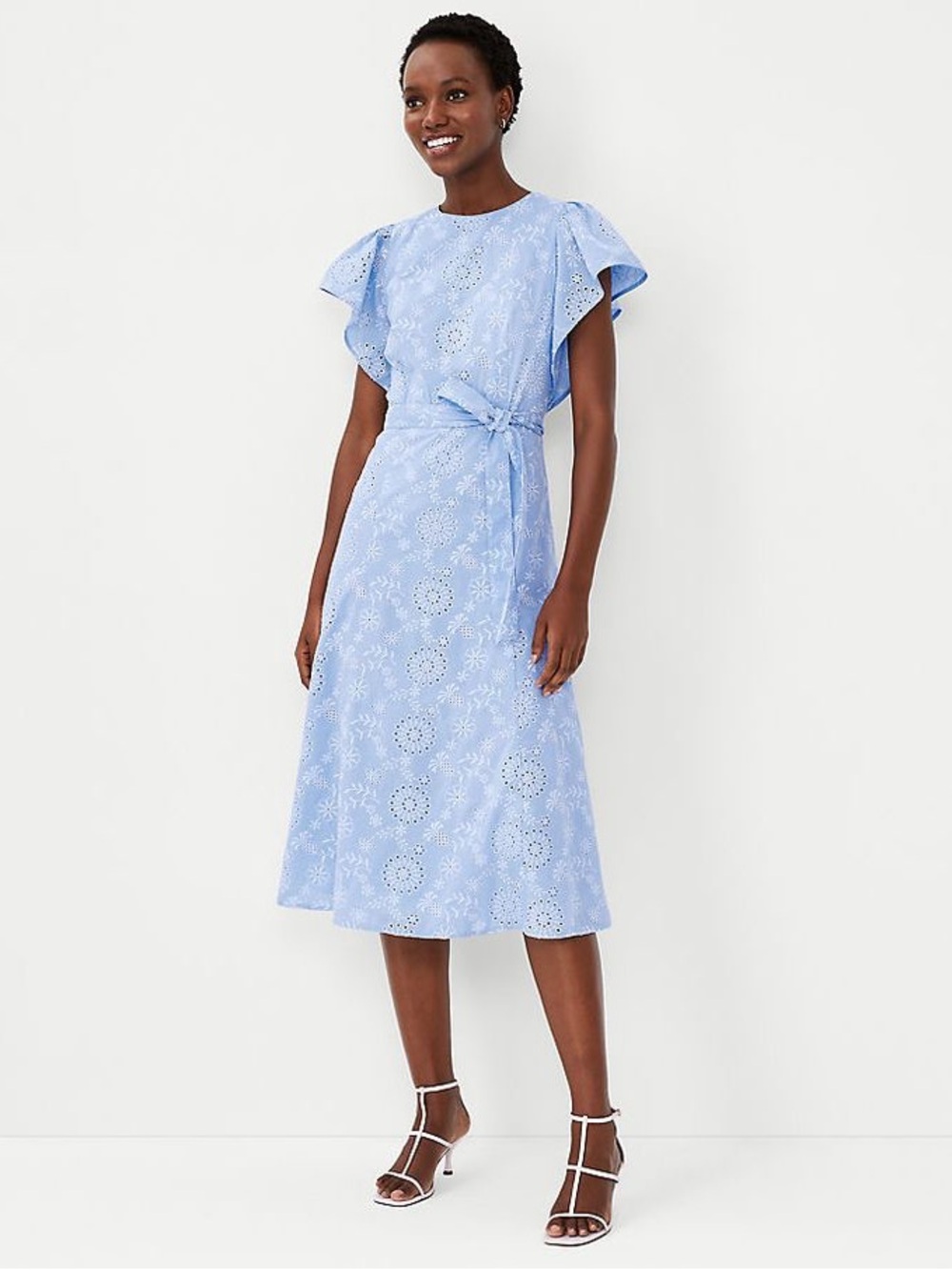 Ann Taylor Factory Light Blue Eyelet Tie-Waist Midi Dress